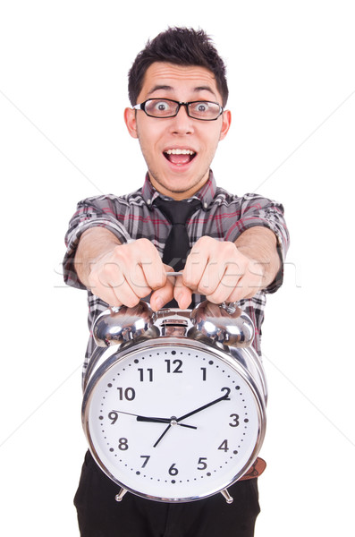 Man with clock trying to meet the deadline isolated on white Stock photo © Elnur
