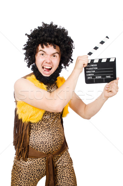Stock photo: Cave man with movie board isolated on white