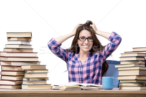 Foto stock: Jovem · estudante · faculdade · exames · isolado · branco