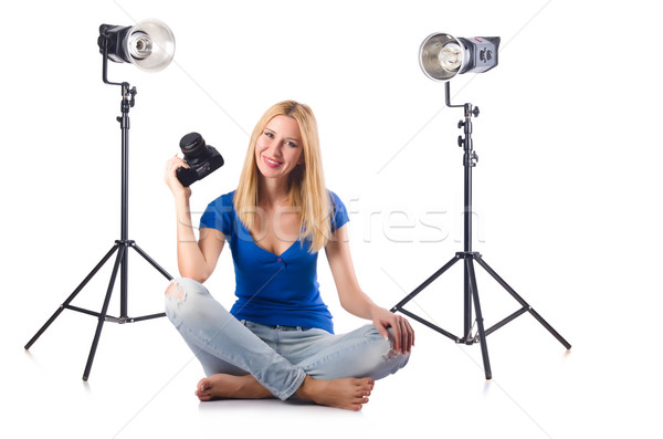 Kobieta kamery odizolowany biały dziewczyna twarz Zdjęcia stock © Elnur