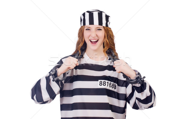 Foto stock: Prisioneiro · listrado · uniforme · branco · metal · lei