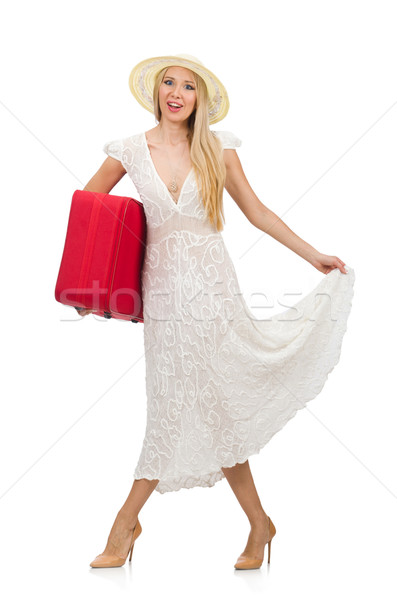 Zdjęcia stock: Kobieta · czerwony · walizkę · odizolowany · biały · dziewczyna
