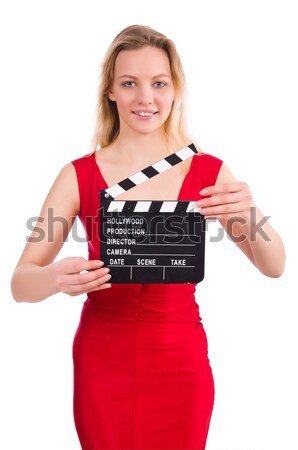 Stock photo: Red dress girl holding clapboard isolated on white