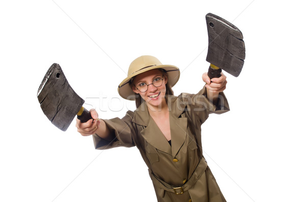 Woman wearing safari hat on white Stock photo © Elnur