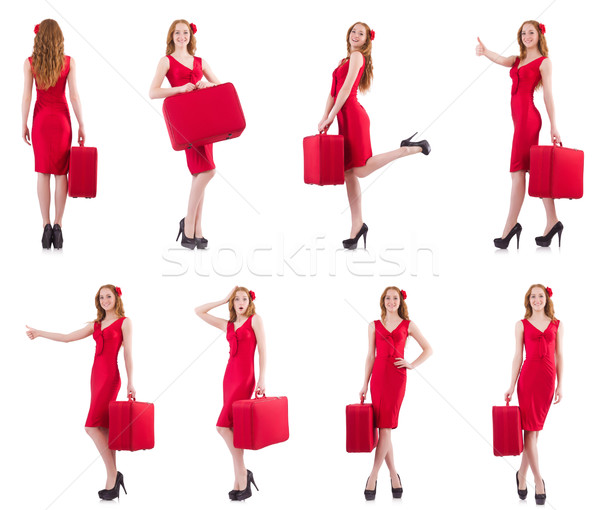 Stock fotó: Fiatal · nő · vörös · ruha · bőrönd · izolált · fehér · boldog