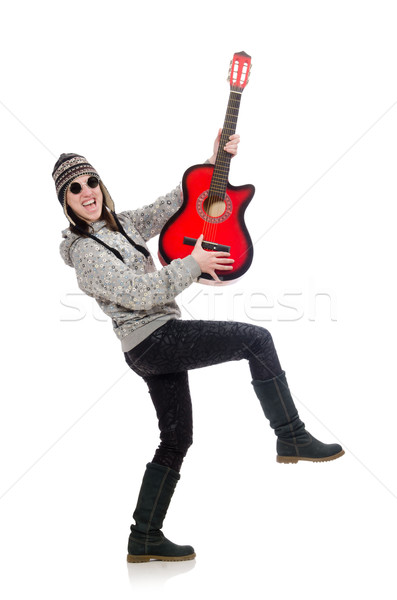 Young optimistic girl holding guitar isolated on white Stock photo © Elnur