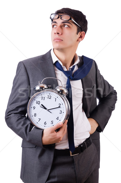 Man with clock afraid to miss deadline isolated on white Stock photo © Elnur