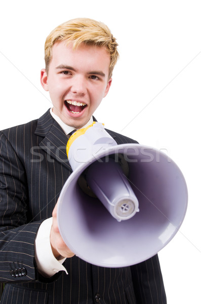 Vicces férfi hangfal fehér üzlet építkezés Stock fotó © Elnur