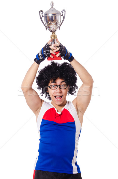 Funny man after winning gold cup isolated on white Stock photo © Elnur