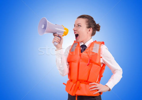 [[stock_photo]]: Jeune · femme · gilet · haut-parleur · blanche · construction · fond