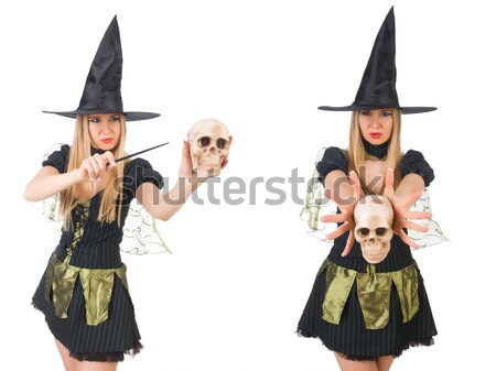 Stock photo: Beautiful witch with skull isolated on white