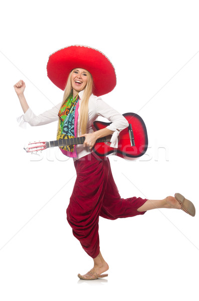 Woman wearing guitar with sombrero Stock photo © Elnur