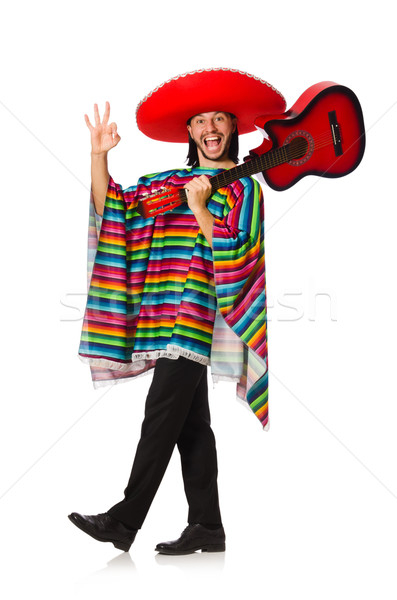 Mexican in vivid poncho holding guitar isolated on white Stock photo © Elnur