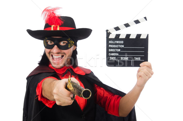 Young man in carnival coat with gun and clapper isolated on whit Stock photo © Elnur