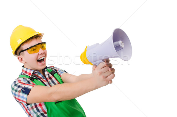 Funny pracownik budowlany głośnik biały budynku domu Zdjęcia stock © Elnur