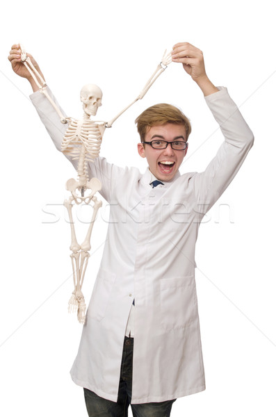 Funny doctor with skeleton isolated on white Stock photo © Elnur