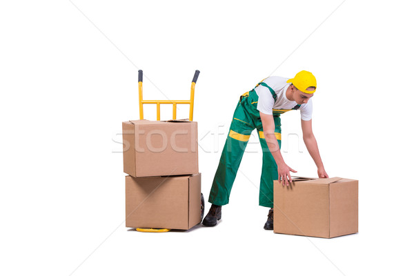 Young man moving boxes with cart isolated on white Stock photo © Elnur