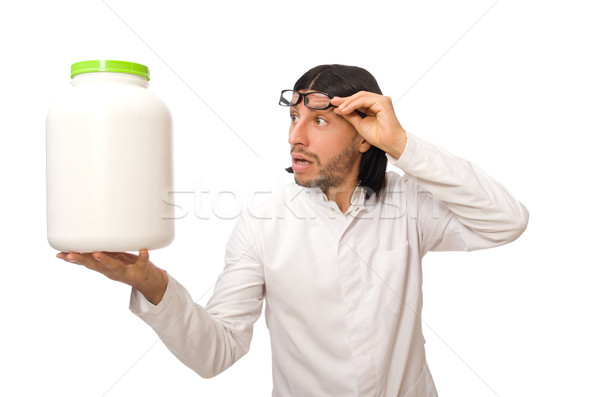 Funny doctor with protein jars isolated on white Stock photo © Elnur