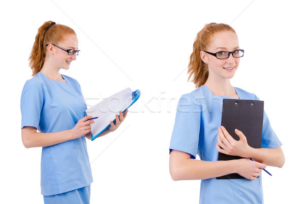 Foto stock: Bastante · médico · azul · uniforme · documentos · aislado