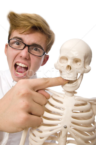 Funny doctor with skeleton isolated on white Stock photo © Elnur