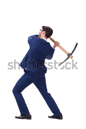 Stock photo: Man hitting the clock with baseball bat isolated on the white