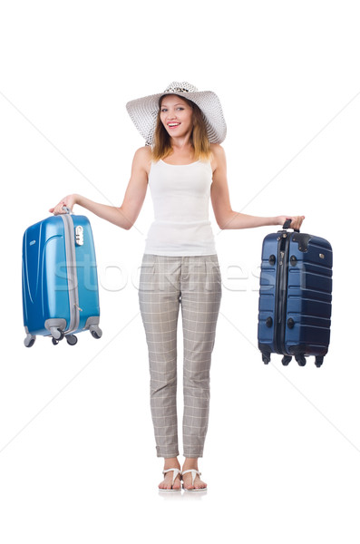 Foto stock: Mujer · viajero · maleta · aislado · blanco · nina