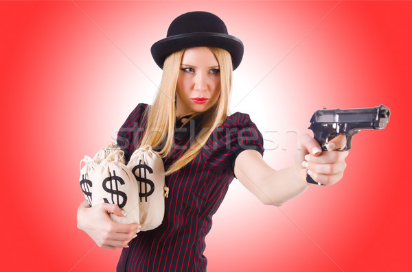 Foto stock: Mujer · gangster · arma · dinero · modelo · fondo