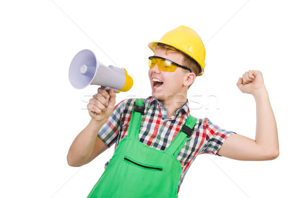 Funny construction worker with loudspeaker on white Stock photo © Elnur