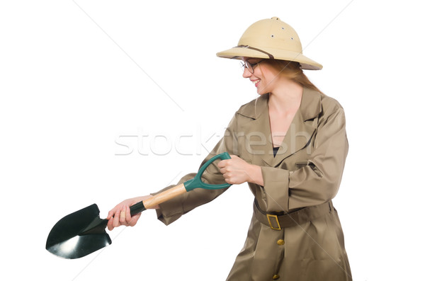 Woman wearing safari hat on white Stock photo © Elnur