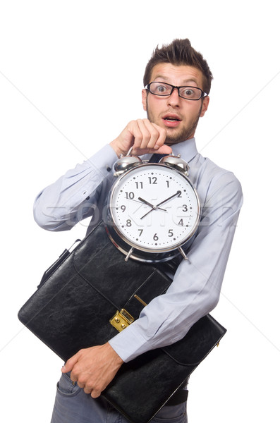 Stock photo: Man with clock trying to meet the deadline isolated on white