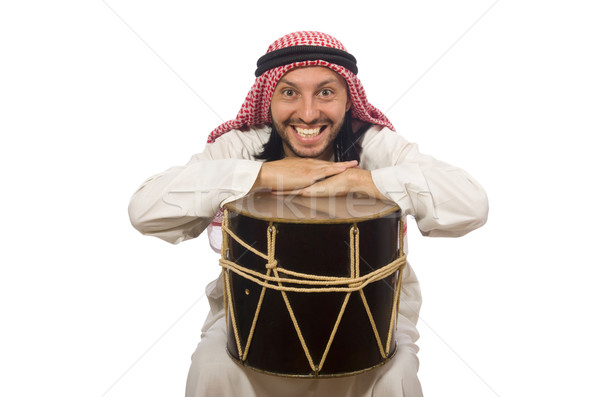 Emiraty człowiek gry drum odizolowany biały Zdjęcia stock © Elnur