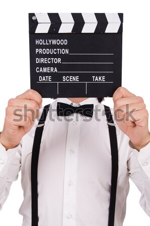 Handsome man in vivid poncho holding clapperboard isolated on white Stock photo © Elnur