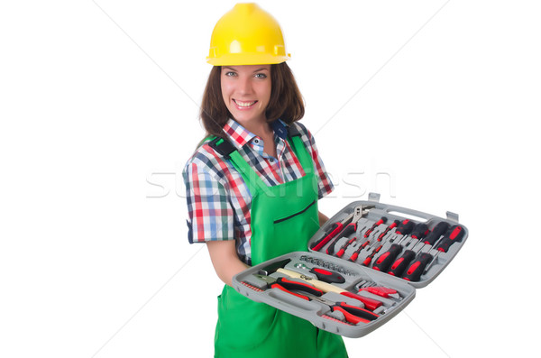 Stock photo: Young woman with toolkit on white