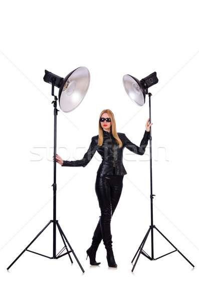 Vrouw zwarte leder jurk studio Stockfoto © Elnur