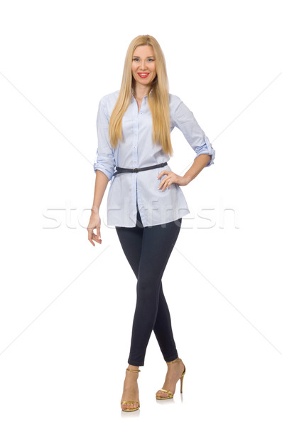 Kobieta niebieski bluzka odizolowany biały tle Zdjęcia stock © Elnur