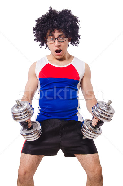 Funny man exercising with dumbbells Stock photo © Elnur