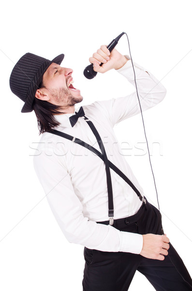 Foto stock: Funny · hombre · cantando · aislado · blanco · fiesta