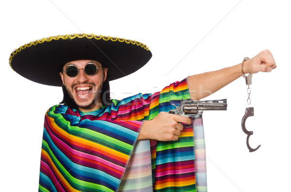 Mexican in vivid poncho holding gun isolated on white Stock photo © Elnur