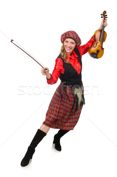 Stock photo: Funny woman in scottish clothing with violin