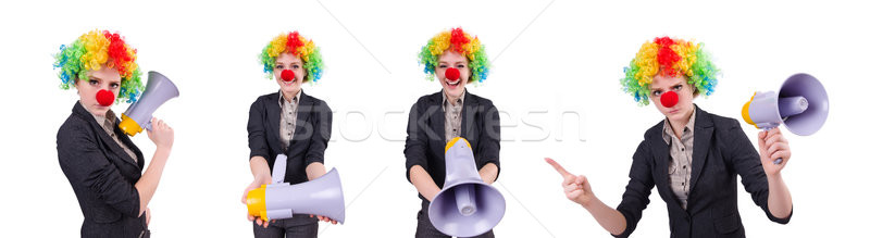 Stock photo: Businesswoman clown with loudspeaker isolated on white