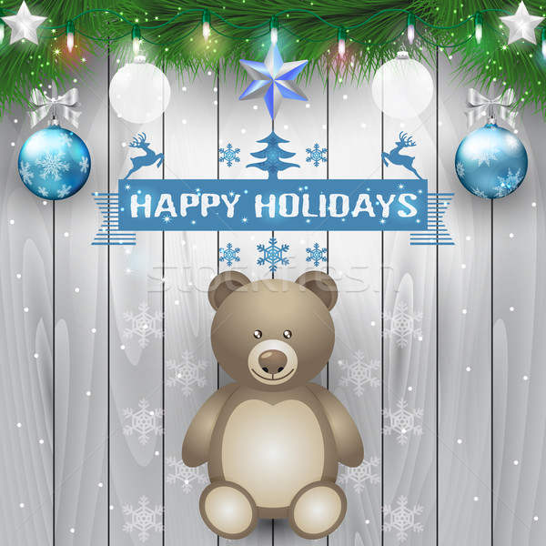 Fir branches, teddy bear and christmas light bulb on wooden background Stock photo © Elsyann