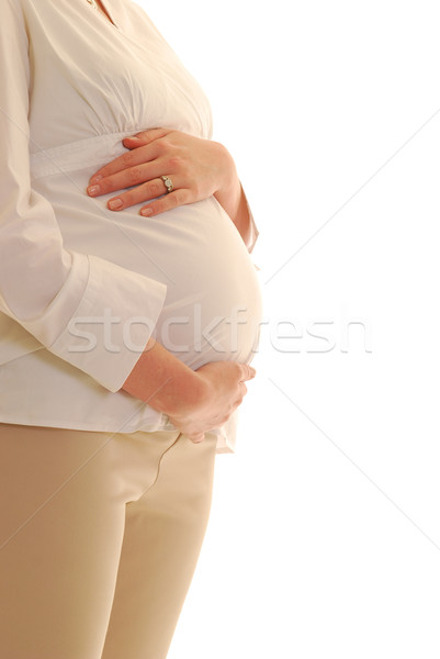Foto stock: Grávida · mulher · grávida · perfil · de · mãos · dadas · mulher · família