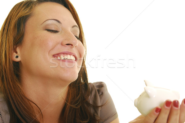 Kobieta banku piggy atrakcyjny finansów Zdjęcia stock © elvinstar