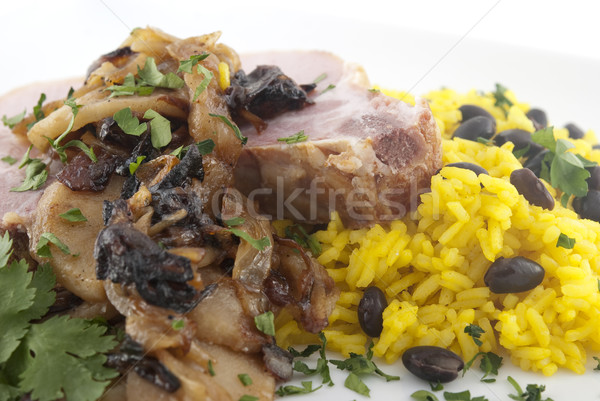 Foto stock: Carne · de · porco · arroz · amarelo · preto · feijões