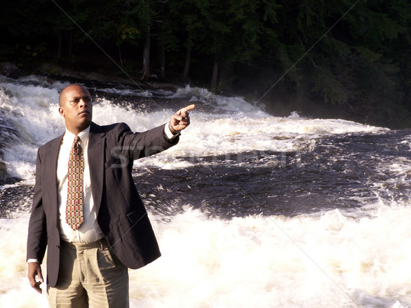 Człowiek biznesu garnitur stałego rzeki palec wskazując Zdjęcia stock © elvinstar