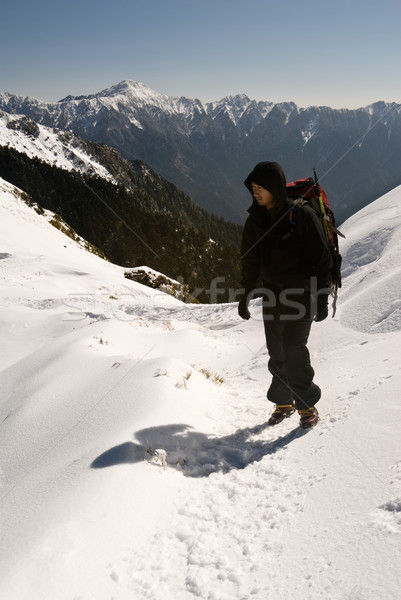 Backpacker neve montanha caminho inverno árvore Foto stock © elwynn