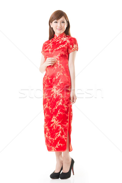 Stock fotó: Kínai · nő · mosolyog · nő · ruha · hagyományos · új · év