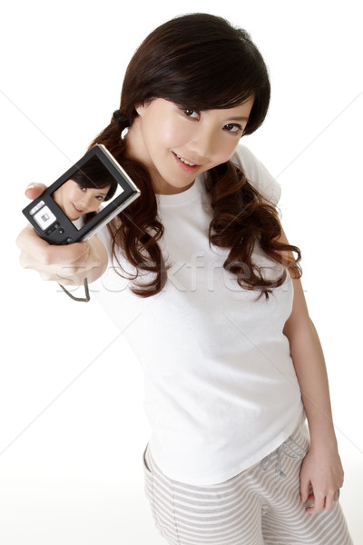 Jonge vrouw foto klein digitale camera gezicht Stockfoto © elwynn