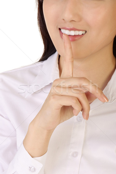 Cichy podpisania palec usta business woman biały Zdjęcia stock © elwynn