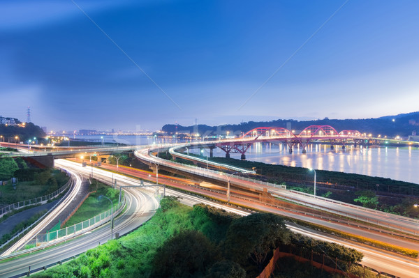 夜景 汽車 光 高速公路 著名 橋 商業照片 © elwynn